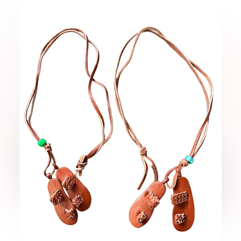 2 Brown Leather Necklace with Leather Sandals and Beaded Accents